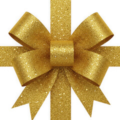 Shiny gold glitter ribbon bow decoration isolated on transparent background