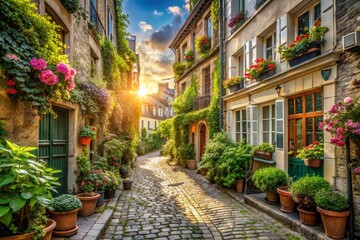 Fototapeta premium Parisian Street Scene Panoramic: Charming Cobblestone Alleyway with Flower Boxes