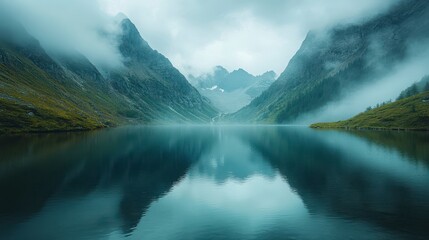 Serene lake reflecting misty mountains under a cloudy sky