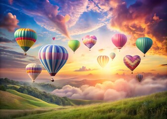 Fototapeta premium Pastel Dreamland: Heart-Shaped Hot Air Balloons Floating Over Soft Hills