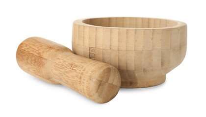 Wooden mortar with pestle isolated on white