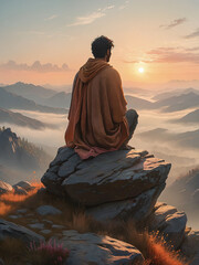 Fototapeta premium Adventurer Sitting atop Towering Rock in Misty Sunset Mountains