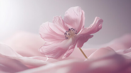 Obraz premium Elegant pink flower blossom resting gently atop flowing fabric folds, creating dynamic shapes in a soft, light-filled, and aesthetically pleasing floral scene.