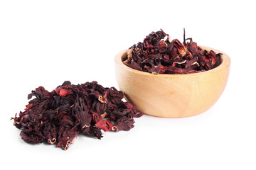 Hibiscus tea. Bowl with dried roselle calyces isolated on white