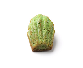 Tasty matcha madeleine cake isolated on white