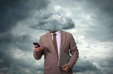 Businessman with cloud instead of head using mobile phone against sky. Mental health