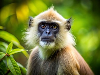Fototapeta premium Playful Langur Monkey in Lush Green Forest - Candid Wildlife Photo