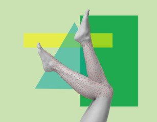 Epilation, creative collage. Woman showing legs with drawn hairs against light green background with geometric shapes