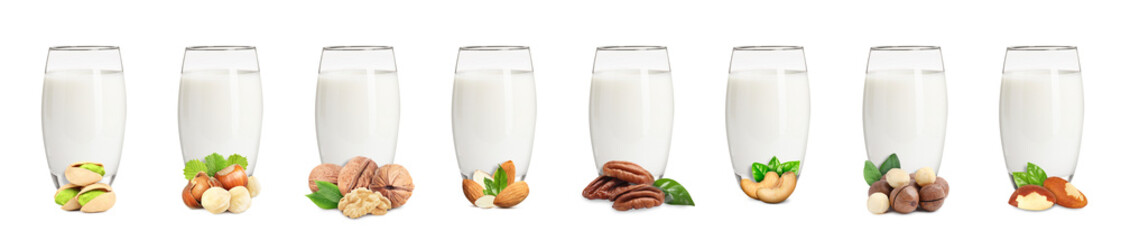 Different types of nut milk in glasses isolated on white, set