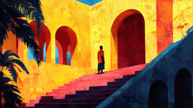 Vibrant abstract curves and lines connect to a lone figure ascending red steps of a golden building representing travel, destination, and a symbolic journey.