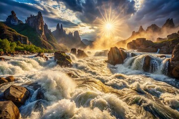 Obraz premium Raging River Carving Through Rocky Mountains - Powerful Nature Scene