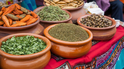 Fototapeta premium Fresh Herbs in Clay Pots on Market Table with Pastel Background
