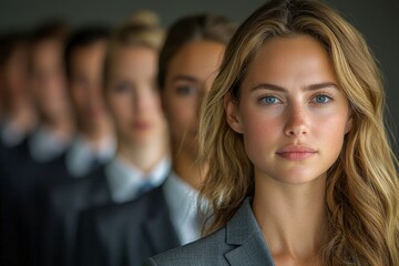 Obraz premium Confident Young Woman in Business Attire Leading a Group of Professionals with Blurred Background in a Corporate Setting