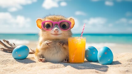 Obraz premium A cute hedgehog wea pink sunglasses enjoys a refreshing orange juice drink on a sunny beach with Easter eggs.