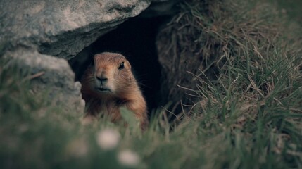 Curious Mammal Peeking Out of Burrow Surrounded by Grass and Rocks in Natural Habitat