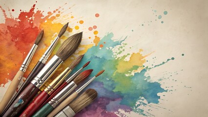 Vibrant Artistic Display with Colorful Paintbrushes and Splashes of Rainbow Watercolor on a Textured Canvas Background