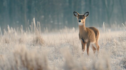 Obraz premium Young deer standing in a frosty meadow during early morning light, surrounded by mist and sparse vegetation, nature scene