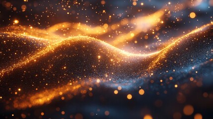Fototapeta premium Waves of golden particles flow, creating an abstract, ethereal glowing scene