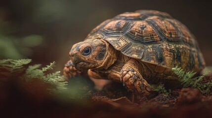 Obraz premium Close-up of a Land Turtle Crawling on a Forest Floor Surrounded by Lush Green Ferns and Soft Earthy Textures
