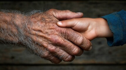 Fototapeta premium Touching moment of connection between elderly hand and child hand showing love, comfort, and generational bond in rich texture and warm tones