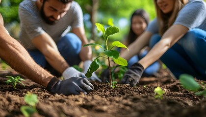 Group of people planting a sapling in the garden.