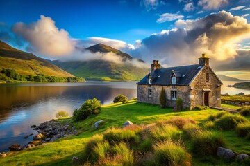 Fototapeta premium Restored Highland Stone House, Lough Shore, Scotland - Scenic Cottage