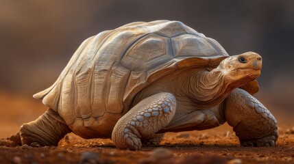 Obraz premium Majestic tortoise moving gracefully across sandy landscape under warm sunlight in serene environment