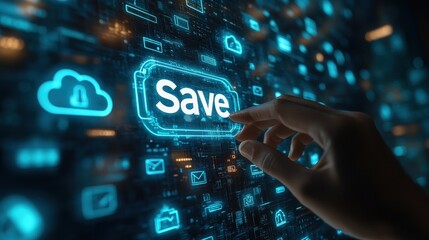 Hand interacting with a digital save button.  Interactive data interface