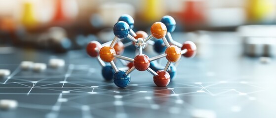 Close-up shows molecule model with vibrant spheres and connecting rods on a patterned surface in a lab.