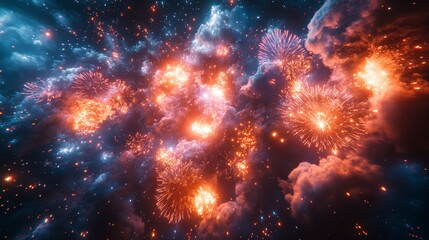 Vibrant orange bursts amidst dark, cloud-like formations, creating a celestial, fiery display