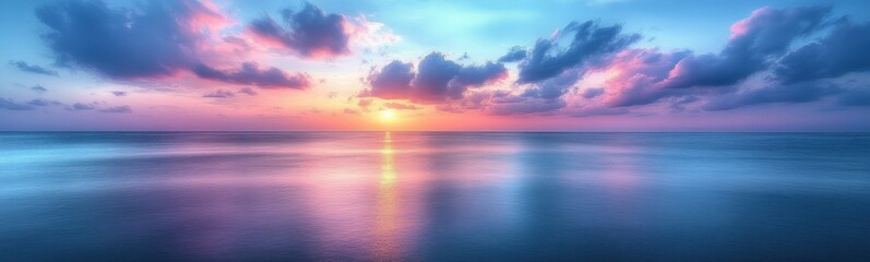 Fototapeta premium Sunset over the ocean with clouds and a boat in the water travel concept banner copy space