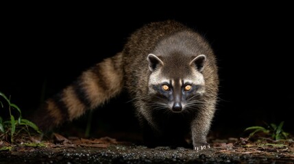 Close-up of a raccoon with captivating eyes walking at night against a dark background in a natural setting