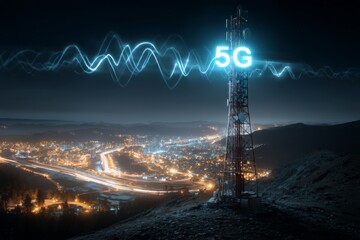 5G communication tower emitting glowing data waves with motion trails, connected city background, night sky, digital lines symbolizing high-speed connectiviy