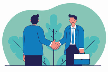Two businessmen in suits are shaking hands, one facing forward with a briefcase and a smile, against a backdrop of abstract foliage, symbolizing a successful deal, partnership, or agreement.