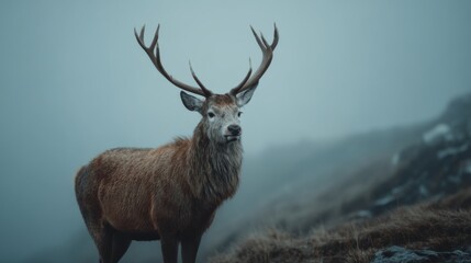 Majestic stag standing in foggy landscape showcasing impressive antlers and serene surroundings of nature