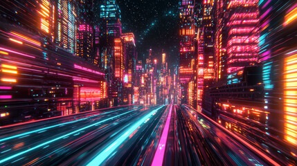 Dynamic swirling motion of colorful LED lights illuminates a futuristic cityscape at night, creating a vibrant, electrifying atmosphere under the starry sky.