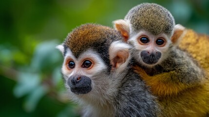 Obraz premium Close-up of Two Playful Monkeys in a Natural Habitat with Lush Green Background Showing Their Adorable Expressions and Features