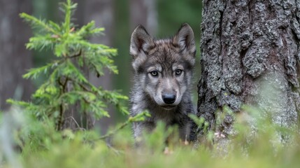Fototapeta premium Young wolf pup peeking from behind a tree in a serene forest setting, showcasing curiosity and wilderness exploration