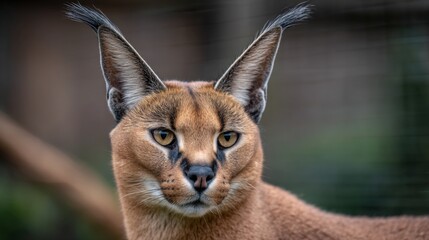 Obraz premium Close-Up Portrait of a Caracal Cat Featuring Striking Ears and Intense Gaze Against a Natural Background