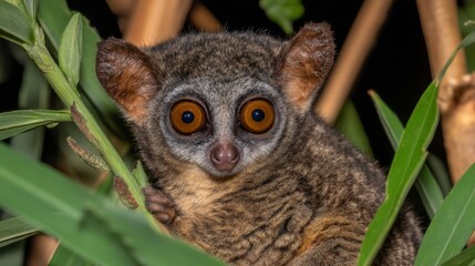 Fototapeta premium Curious nocturnal animal with large eyes sitting among green leaves in a natural setting at night