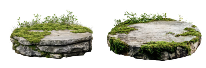 Mossy circular stone podiums with natural growth for product display on transparent background