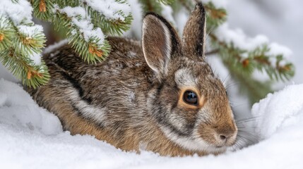 Naklejka premium Snowy Landscape Featuring a Brown Rabbit Hiding Under Green Pine Tree Branches in a Winter Wonderland Setting