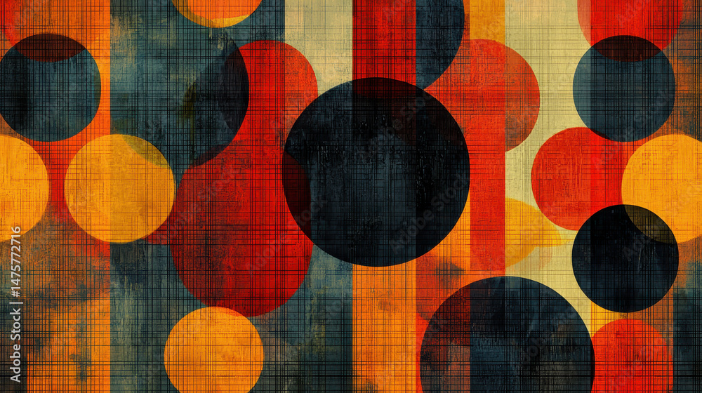 Poster a vibrant circular pattern emerges from a collection of colorful geometric shapes, arranged dynamica