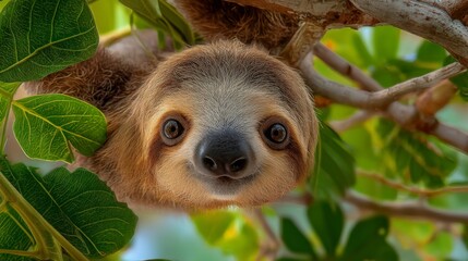 Naklejka premium Enigmatic sloth gazing curiously from lush green foliage in a tropical rainforest setting
