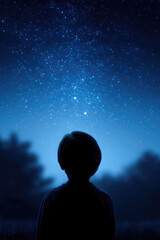 Obraz premium A child stands in a field, gazing up at a star-filled night sky. Night, wonder, stargazing