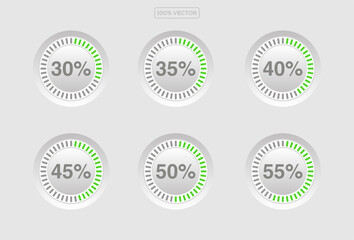 Set of round green infographic pie charts, segment of circle icons 0% - 100%, simple flat design loading data interface elements app button ui ux web, vector template 1