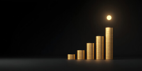 Fototapeta premium Stacks of gold coins are arranged in ascending order with a glowing sphere above the highest stack. Wealth growth and financial success