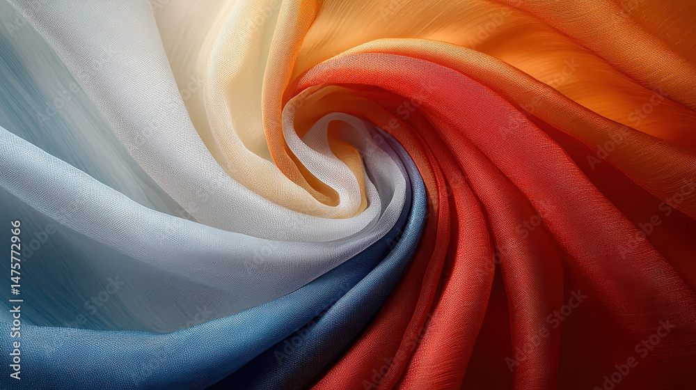 Poster vibrant fabric swirls displaying colorful geometric patterns blend from blue to white to yellow to o