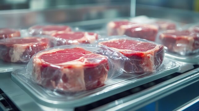 Meat tray with transparent film tightly sealed using modified atmosphere packaging