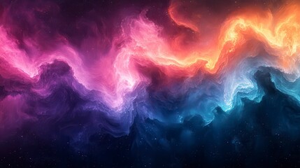 Colorful nebula with dynamic swirls of orange, pink, purple, and blue creating a vibrant abstract backdrop